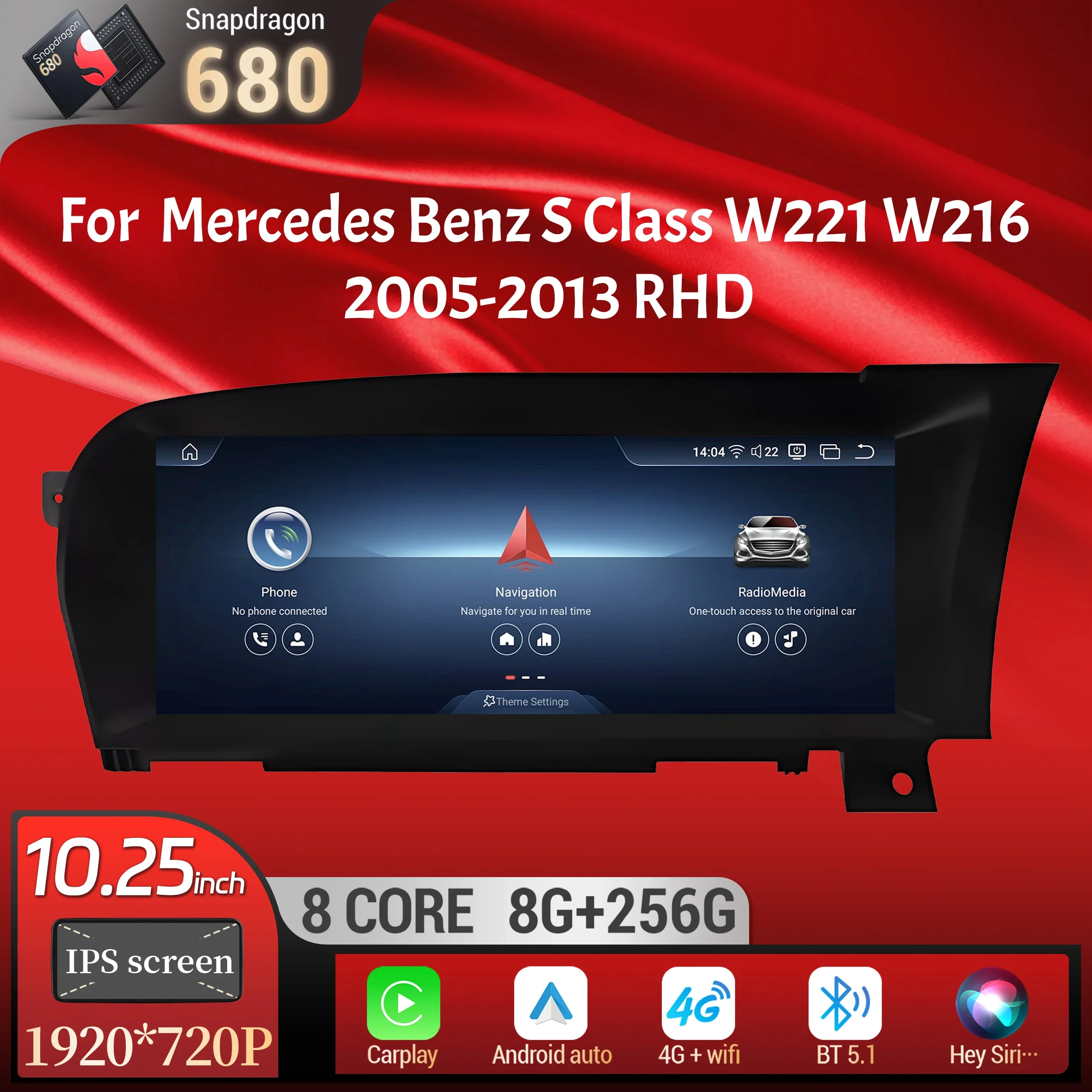 10.25inch Right Hand Drive Car Radio For Mercedes Benz S Class W221 W216 2005-2013 Android 13 BT Carplay Snapdragon 680 Screen