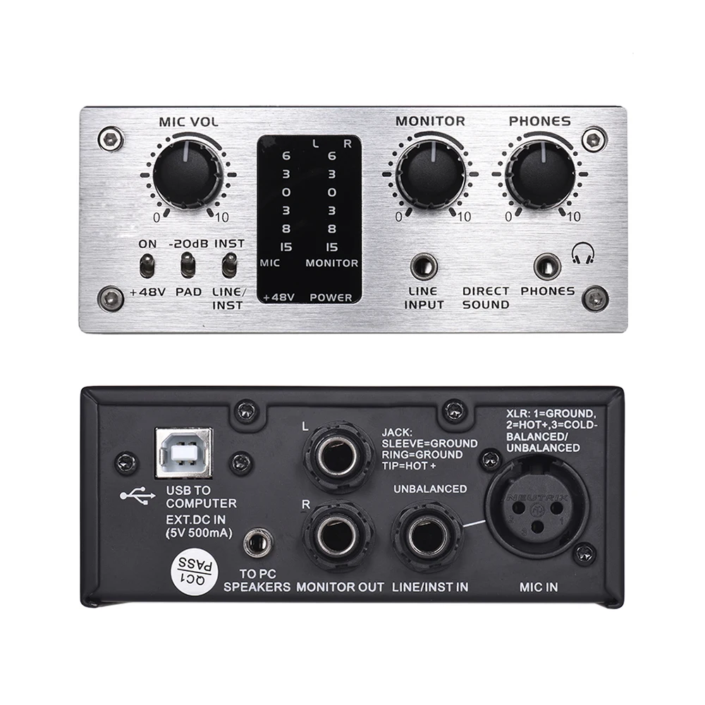 YYHC Professional 4-Channel 48V Sound Card USB Audio Mixer Interface  DC5V Power Supply For Recording