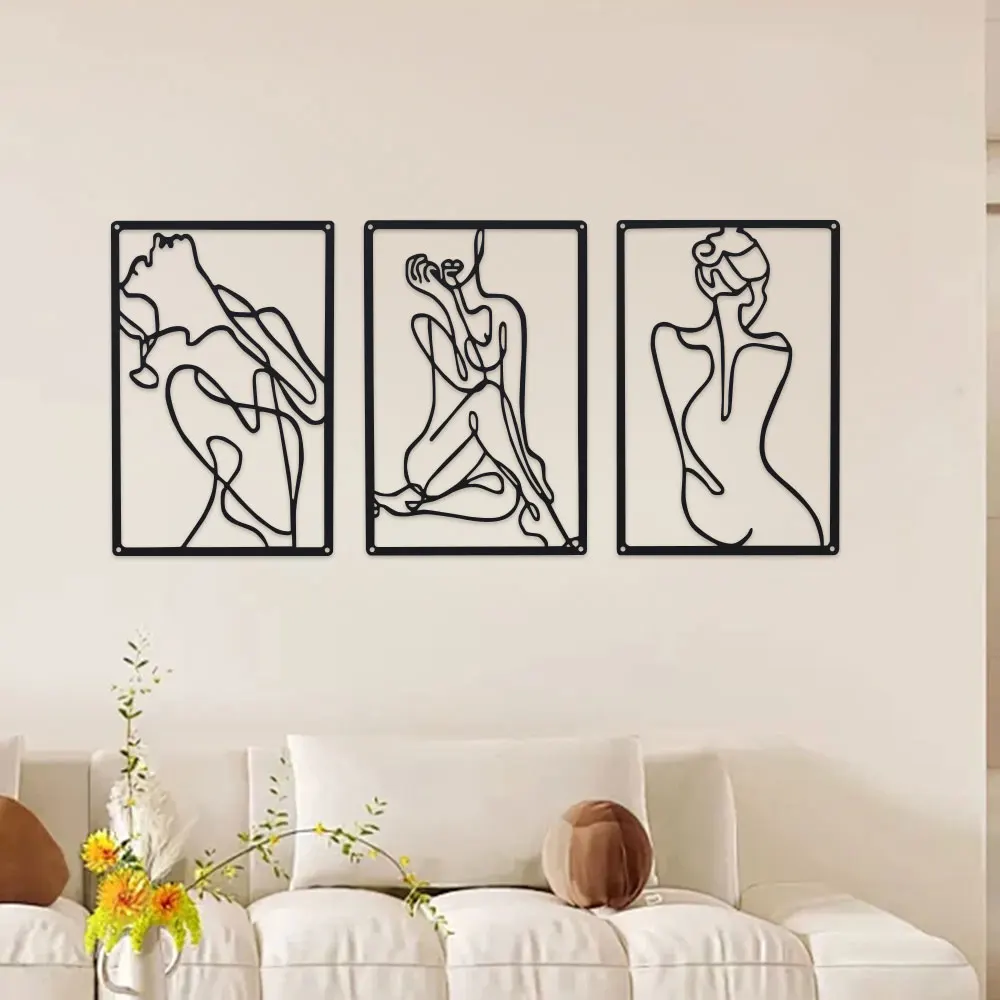 2D 1pc minimalist art that Suitable for home decoration Three flowing feminine silhouettes in continuous black metal lines