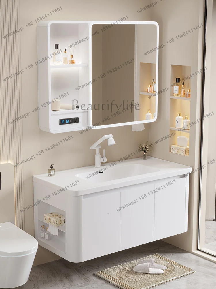 Honeycomb aluminum with socket arc bathroom cabinet combination with side cabinet ceramic integrated wash basin