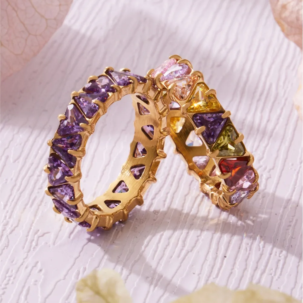 Triangular Purple Zircon Ring for Women 18K Gold Plated Stainless Steel Rings Full Colorful Eternity Band Sparkling CZ Ring