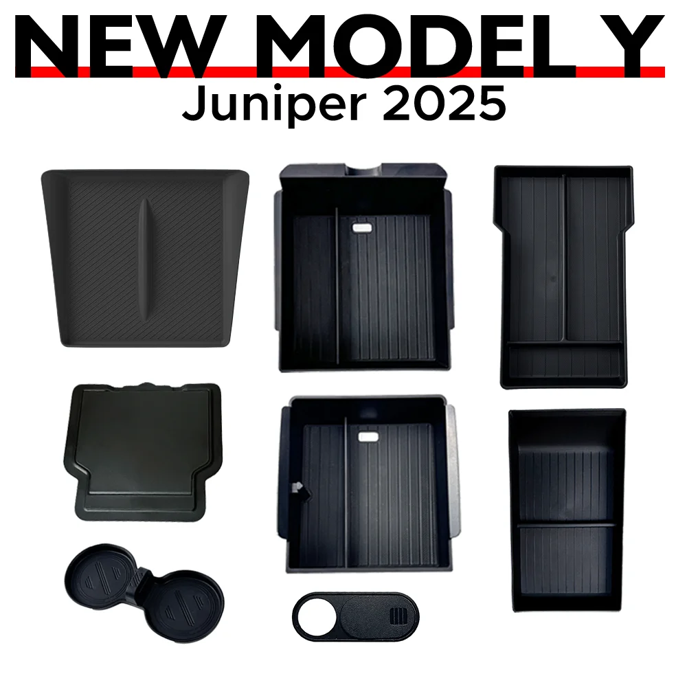 Console & Armrest Storage Box For Tesla New Model Y 2025 Juniper Launch ABS with Silicone Non-slip Mat Upper and Lower Watercup