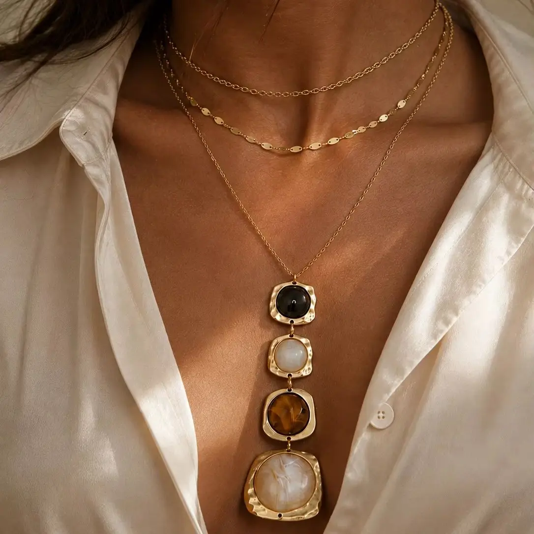 Gold Tone Multi Layered Necklace Colorful Resin Geometric Drop Pendant Dainty Chain Women Stackable Neck Jewelry Gift