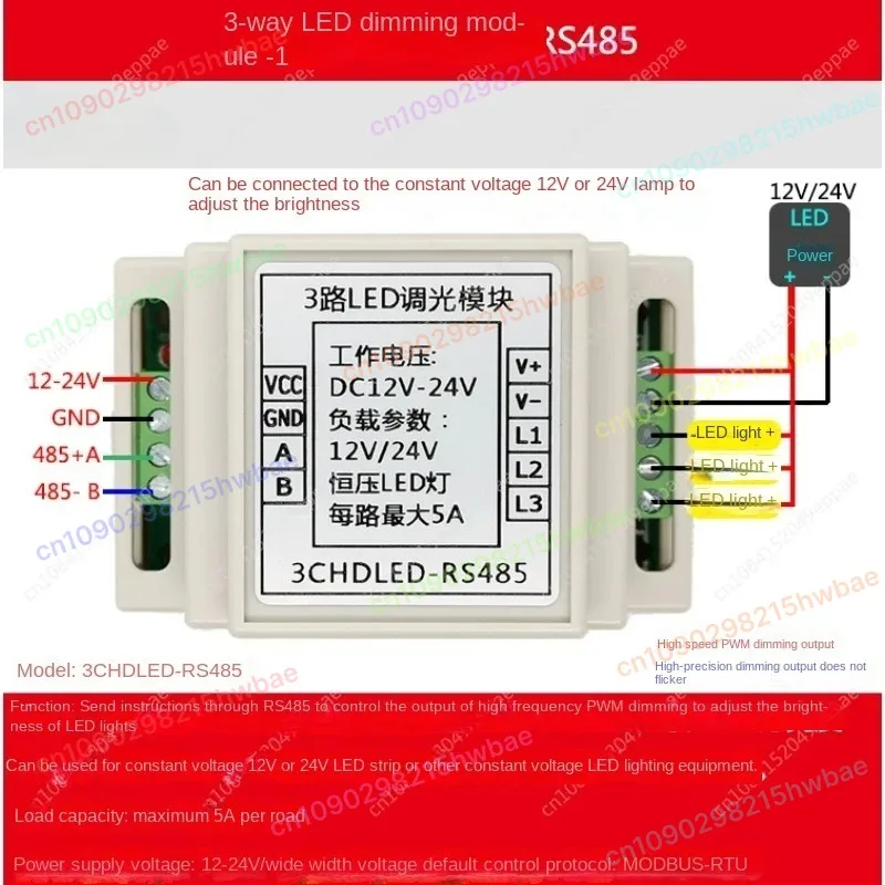 

3-Channel RS485 MODBUS PWM LED Dimmer Module for RGB Light Strips | 0-10V/TRIAC Analog Dimming | Commercial Lighting Controller