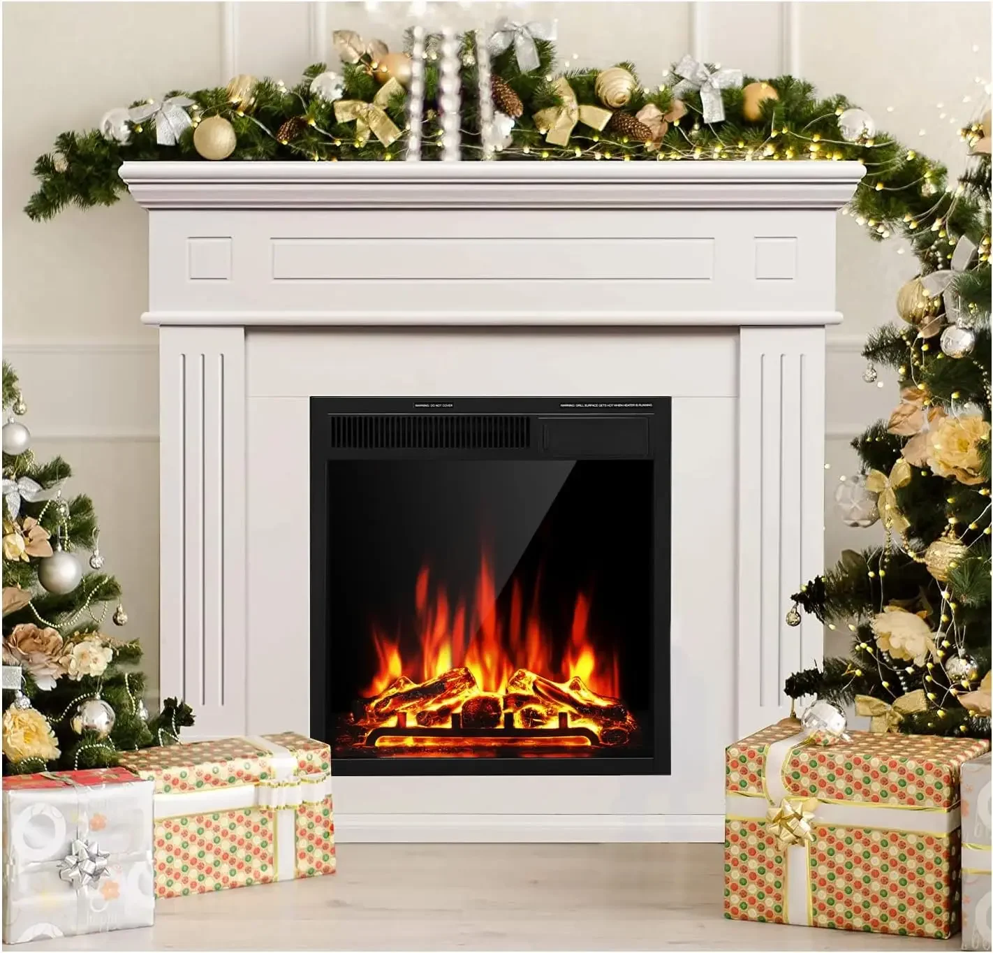 เตาผิงไฟฟ้า Mantel แพคเกจไม้รอบทิศทาง Firebox ขาตั้งทีวียืนฟรีเตาผิงไฟฟ้าเครื่องทําความร้อนพร้อม Logs