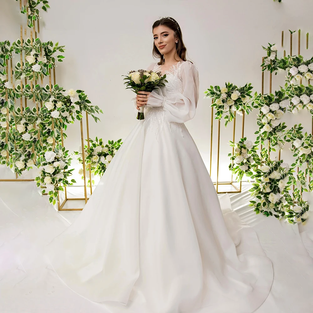

Fairy Wedding Dresses High Collar Long Sleeve Organza Brides Dress with Sequined Beading Bridal Gown Customized Robe De Mariée