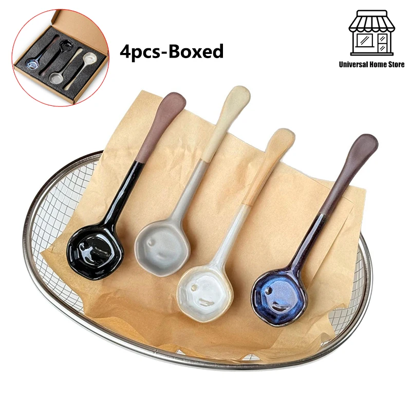

4 Pieces/Set Ceramic Heat-Resistant Long Handled Spoon, Retro Rough Pottery Handmade Mixing Spoon, Household Kitchen Spoons