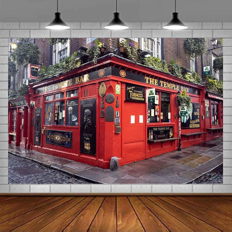 Bar Photography Backdrop Red Restaurant Pub City Center Street Photo Background For Evening Celebration Party Decor Kids Adults