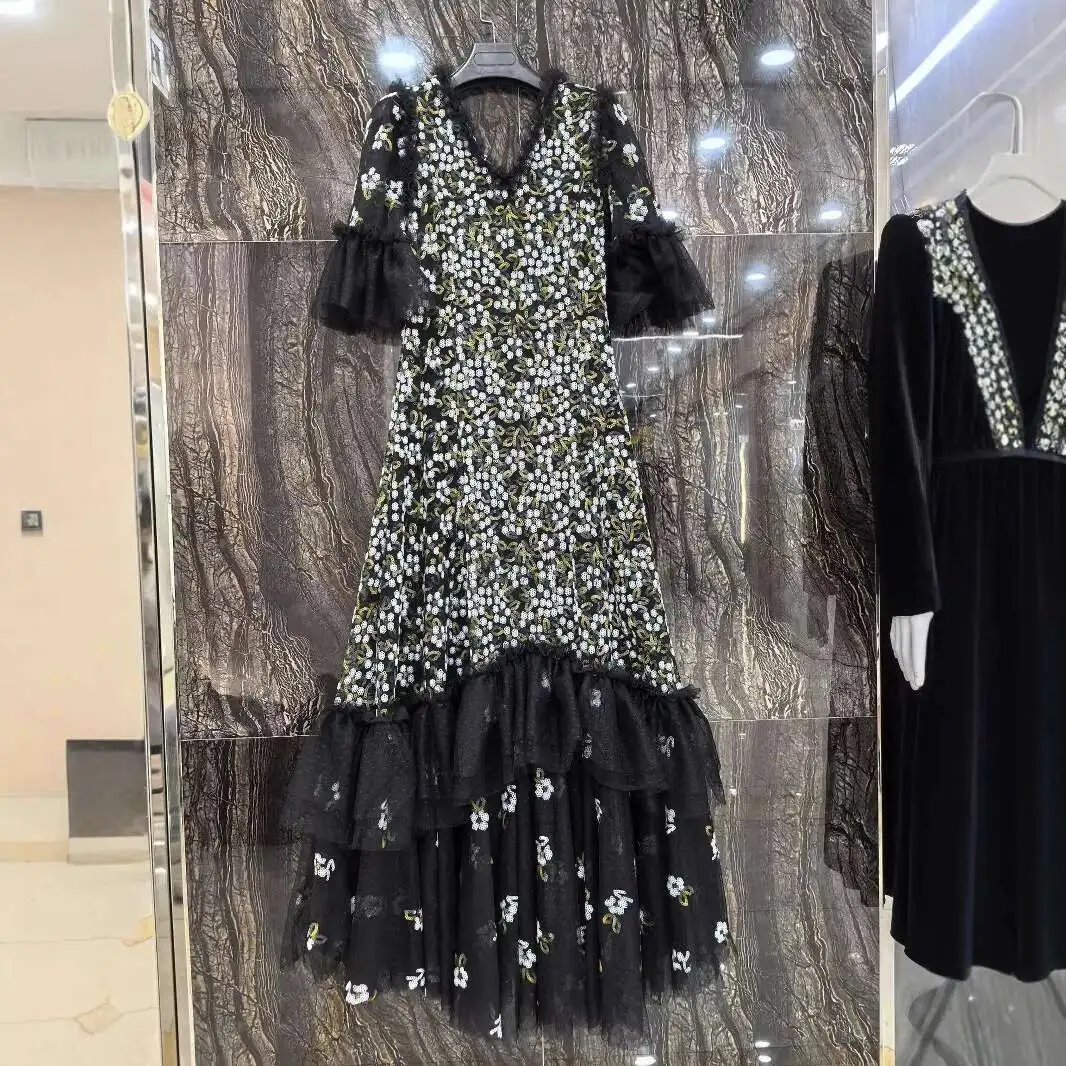 Luxo 2025 primavera flor bordado festa lantejoulas vestido longo feminino manga curta camadas babados bolo vestidos de noite