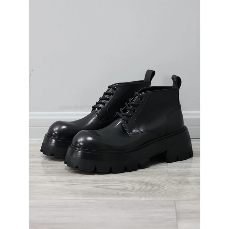

Men's Thick Bottom Boots 2026 New Style Big Head Heightening Work Boots Mid-Calf High Heel Internet Celebrity Motorcyc...