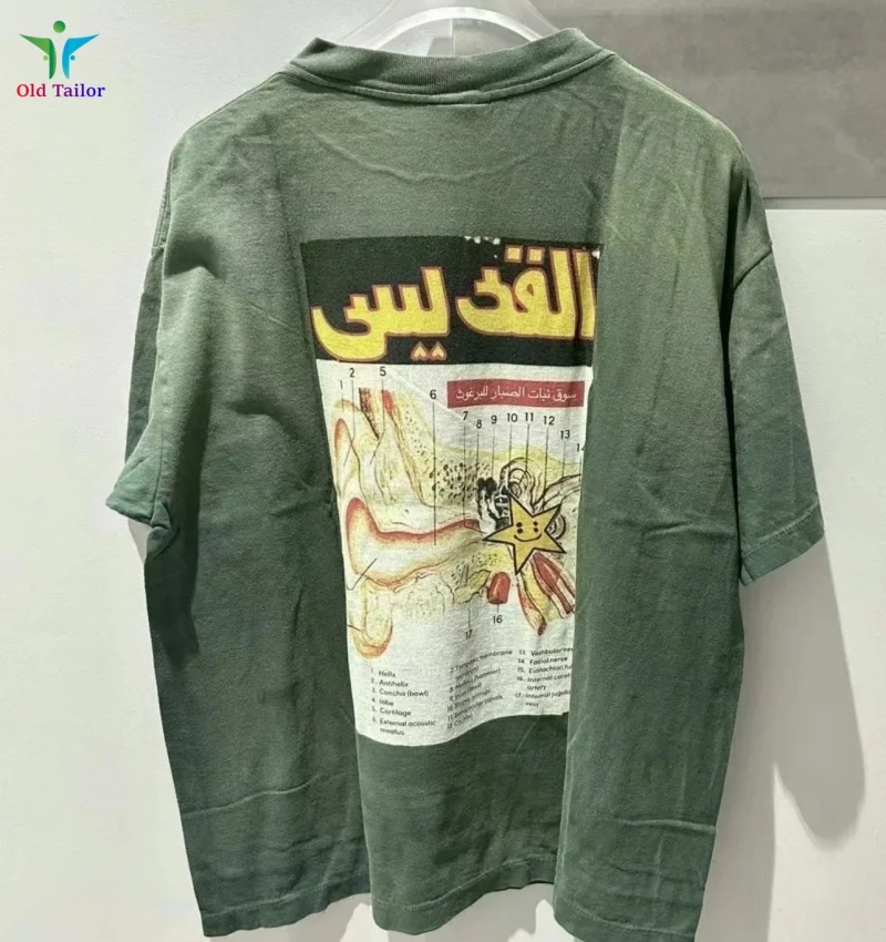 تريند سانت هاي ستريت كلاسيك طباعة خضراء مغسولة قصيرة الأكمام تي شيرت أفضل جودة الصيف فضفاضة تناسب جولة الرقبة جديد المحملة
