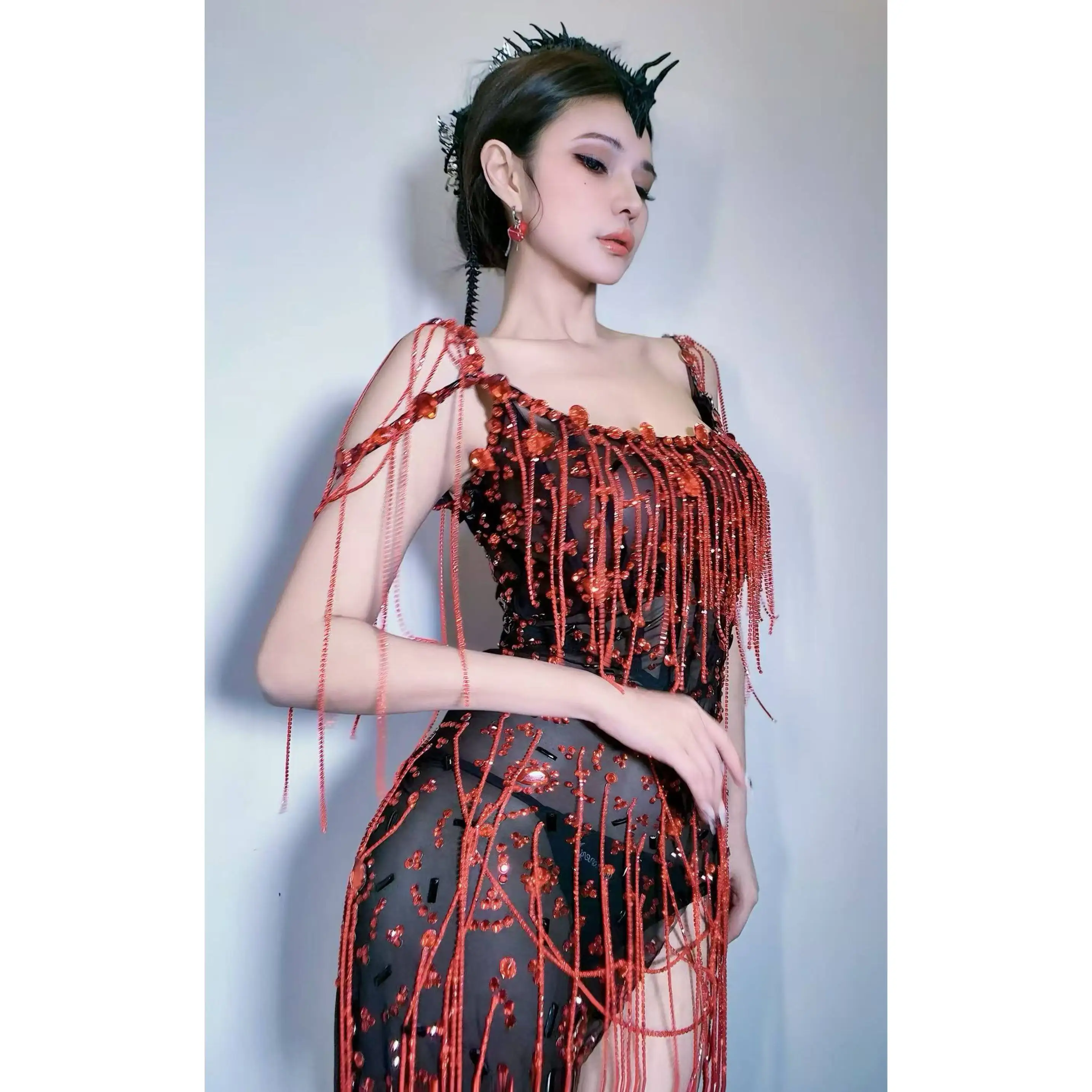 2025 Party Dress seksowna diamentowa siateczka sukienka z frędzlami klub nocny Bar Dj Fringe kostiumy na występy Gogo tancerz strój sceniczny DN20028