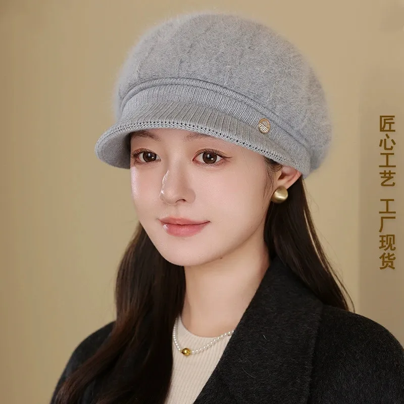 Elegant Thickened Rabbit Hair Beret With Visor for Middle-aged and Elderly Women Windproof Warm Outdoor Hat for Moms in Winter