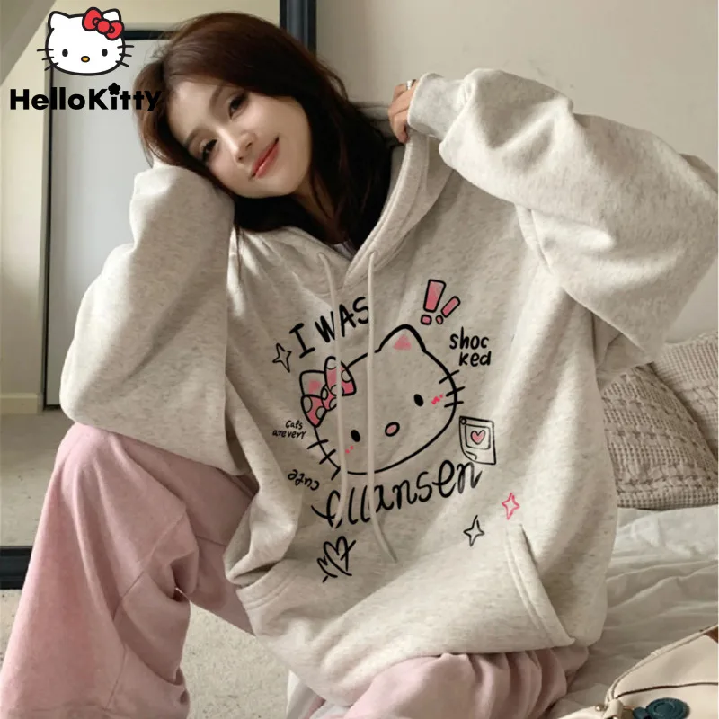 

Autumn Winter Sanrio Cute Hello Kitty Campus Style Hoodie Grunge Hip Hop Sweatshirt Y 2k Loose Emo Hooded Clothes Streetwear Yk2