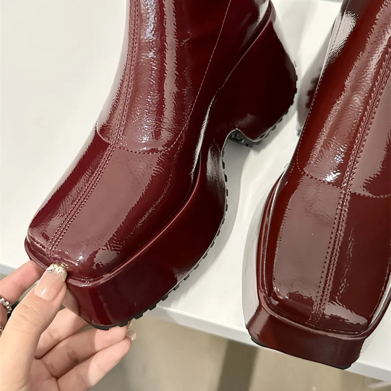 Wine Red Ankle Boots Women 9cm High Heels Platforms Wedges Boots Black Patent Leather Square Toe Chunky Shoes Botas De Mujer