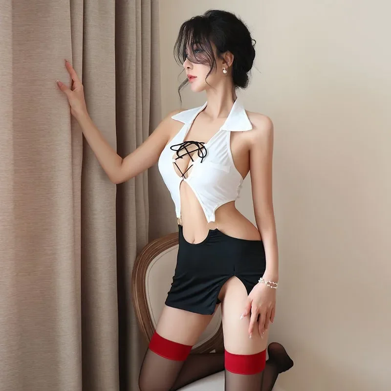 セクシーなランジェリータイトなストラップディープ V ノッチヒップハグスカート女性のハロウィンコスチュームベビードールクロッチレスコスプレメイドセックスショップ