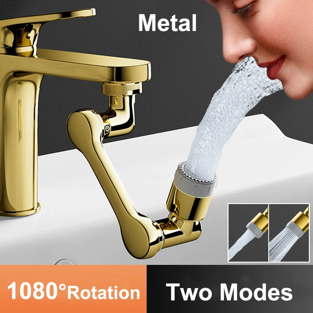 Metal Universal Robotic Arm Faucet Extender 2 Modes Tap Aerator Splash Gold 1080° Swivel Faucet Nozzle Bathroom Accessories