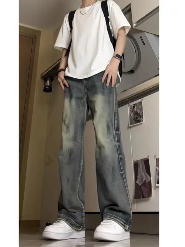 

American Retro fiti Jeans Men's Summer Thin Straight Leg Wide Leg Pants Loose Fit Versatile Waed out Casual Jeans