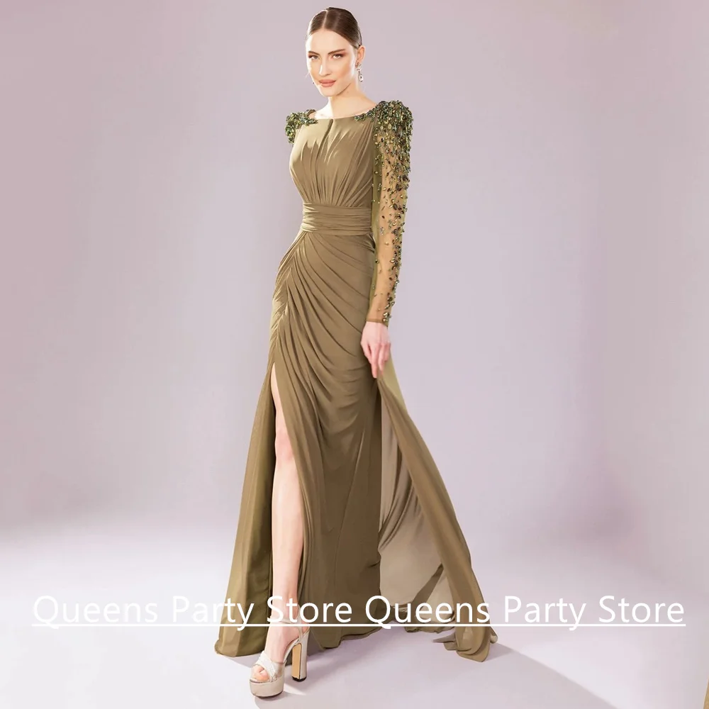 Saud Arabian Evening Dress Chiffon Prom Gown Customized Scoop Neck Full Sleeves Stone Slit Arabic Party Dresses فساتين سهرة