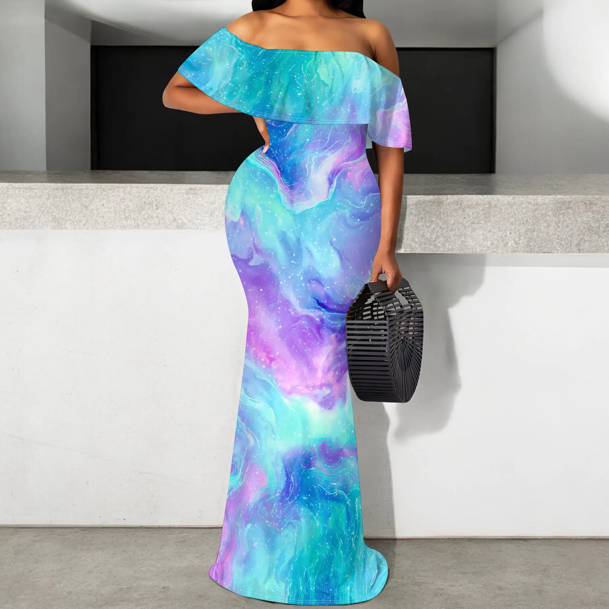 

Women’s Gradient Print Off Shoulder Maxi Dress Elegant Mermaid Hem Slim Fit Summer Beach Party Long Dress S-3XL