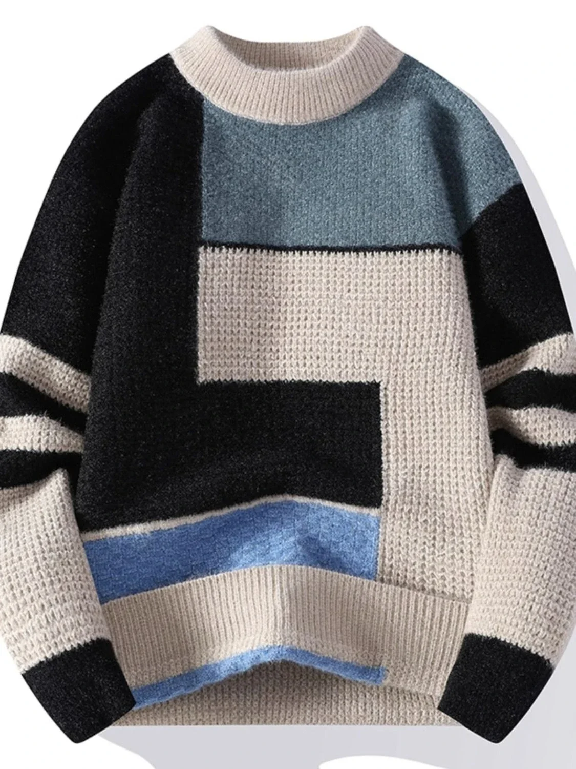 

Pop Pullovers Male Crewneck Thick Men's Knit Sweater Color Matching Round Collar Long Sleeve Cable Clothing Deals Top