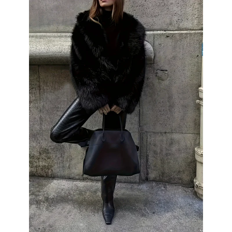 UNIZERA abrigo corto de piel suelto de color sólido Otoño e Invierno nuevo artículo solapa abrigo cálido de manga larga para mujer