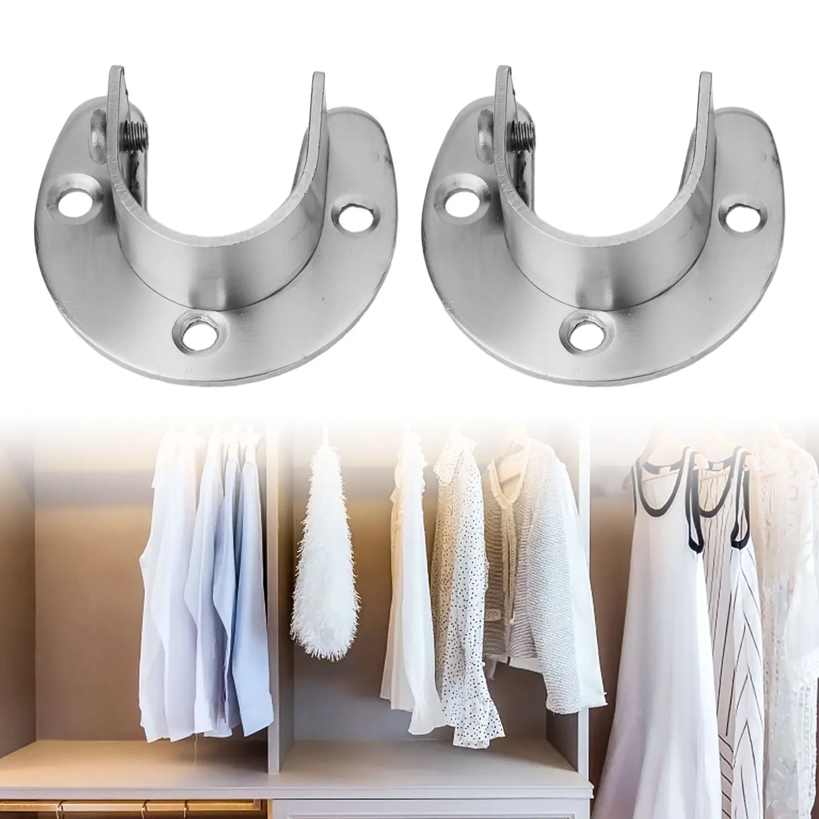 2pcs Wardrobe Bracket Heavy Duty Stainless Steel  U Shaped Rod Socket Flange Rod Holder Closet Rod End Support Sockets Brackets