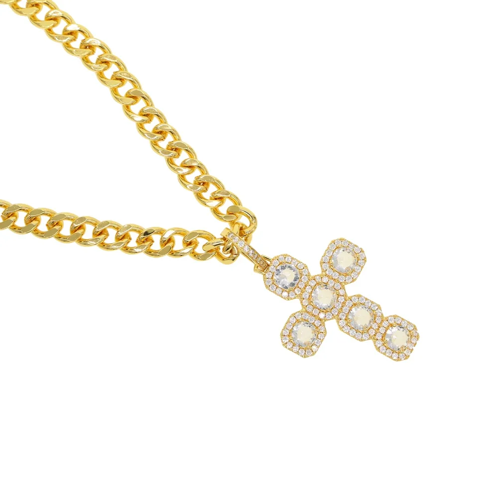 Iced Out Cuban Chain Cross Pendant Necklace Mens Micro Paved Gold Color Cross Charm Hip Hop Jewelry