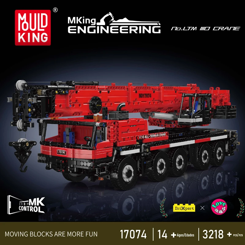 MOLD KING 17073 17074 การวิเคราะห์เมืองวิศวกรรมLTM1110 Mobile Crane APPรีโมทคอนโทรลอาคารบล็อกรถบรรทุกของเล่นสําหรับผู้ใหญ่