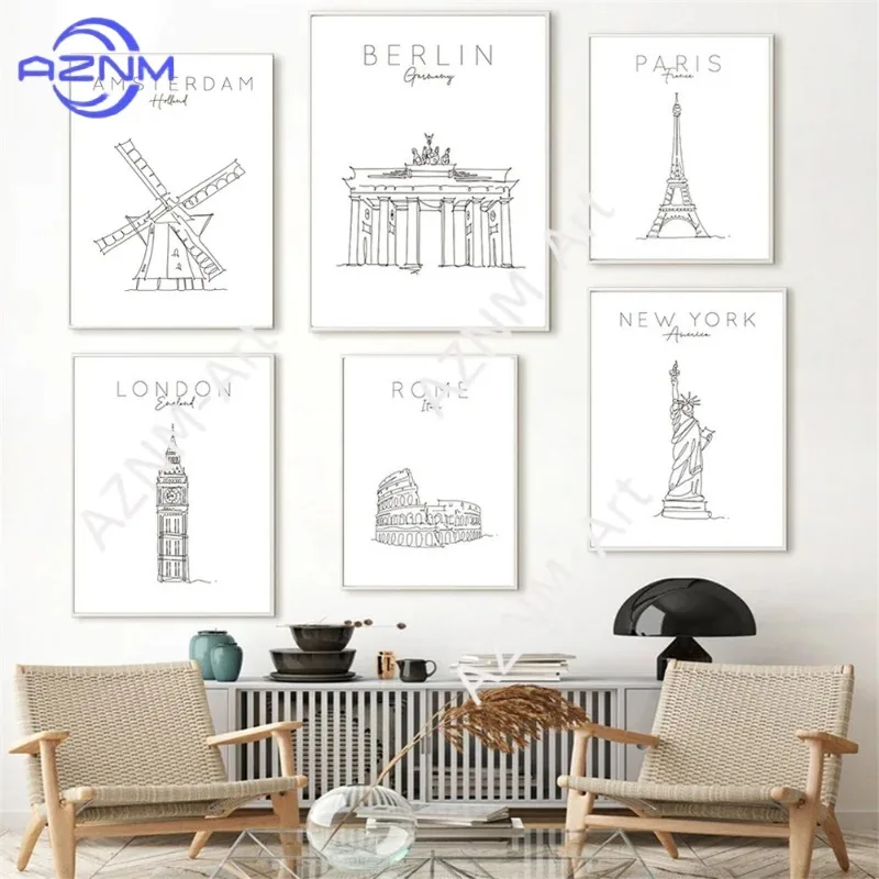 World City London New York Paris Line Drawing Poster Nordic Art Print Black White Painting Canvas Minimalist Picture Home Decor