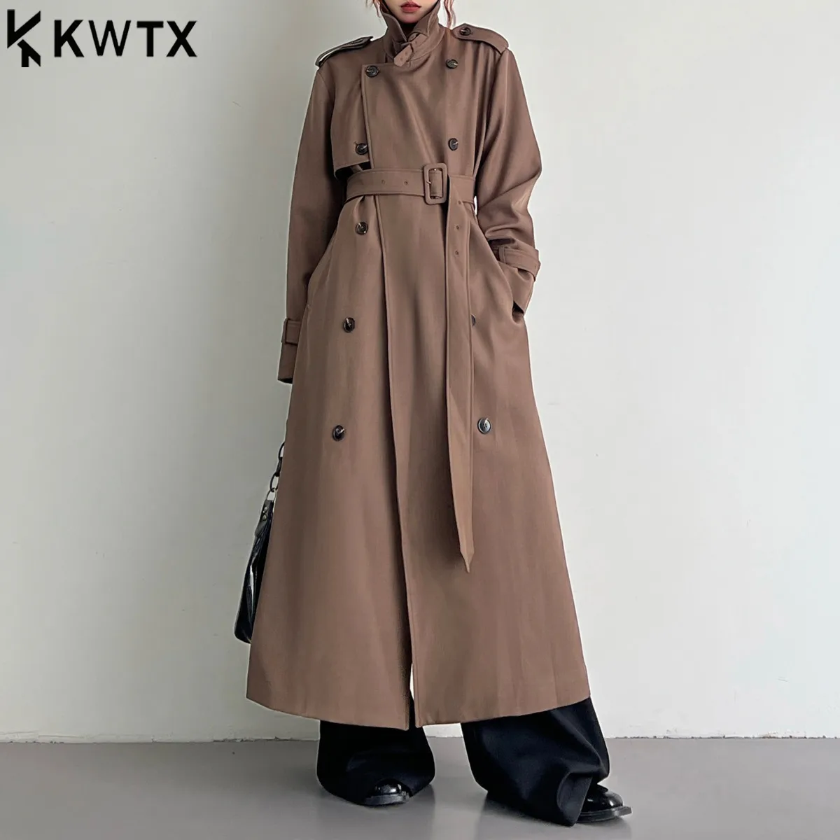 

KWTX 2025 New Women’s Vintage Luxury Trench Coat Double Breasted Longline Belted Stand Collar Solid Color Coat Autumn Winter