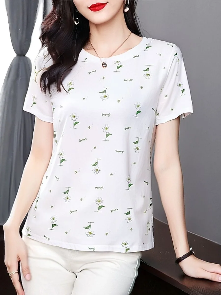 

Loose round Neck Short Sleeve T-Shirt Women's Printed Mommy Style Top Slimming Middle-Aged Fashion Casual Polyester Fiber
