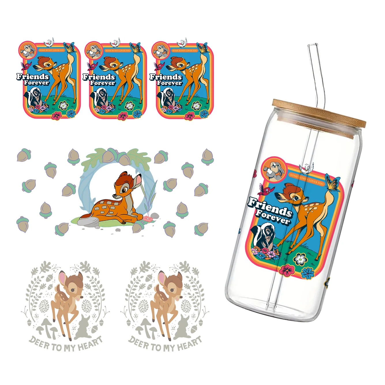 بامبي 11x24 سنتيمتر الكرتون ديزني كأس التفاف ملصق 16 أوقية UV DTF ملصق مضاد للمياه يمكن Libbey الزجاج التفاف ل هدية حفلة