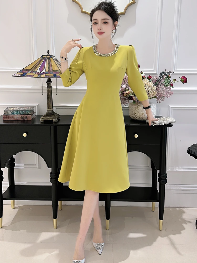 ZJYT Elegant Diamonds O Neck Simple Party Dress Women 2024 Fashion Spring Three Quarter Sleeve Aline Dresses Casual Daily Pink