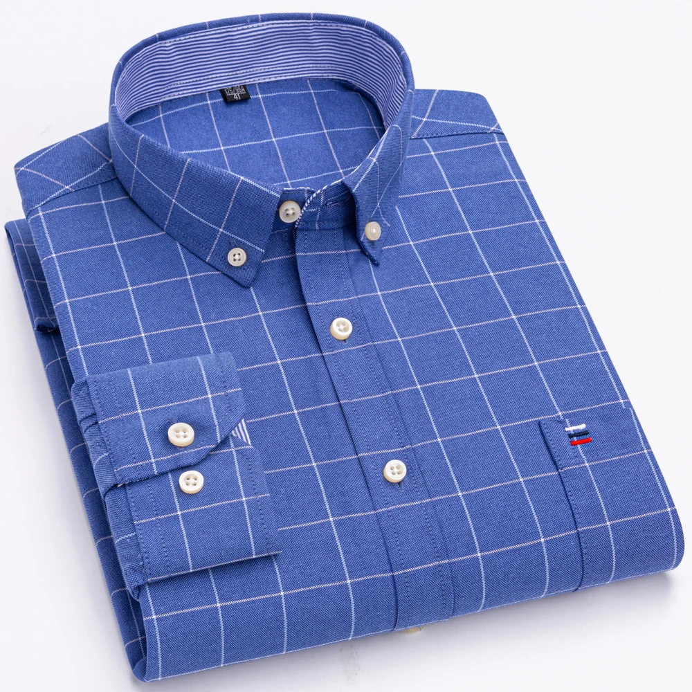 Men's 100% Cotton Long Sleeve Button down Check Shirt Single  Collar Fleece Lined Thickened Autumn Special Wide Fit