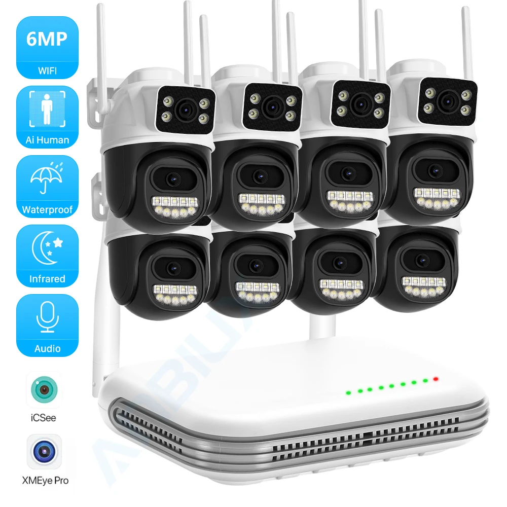 8CH 6MP Wireless PTZ Camera Dual Lens WIFI Security System Kit NVR Recorder Set IP Camera 2-Way Audio Video Surveillance System