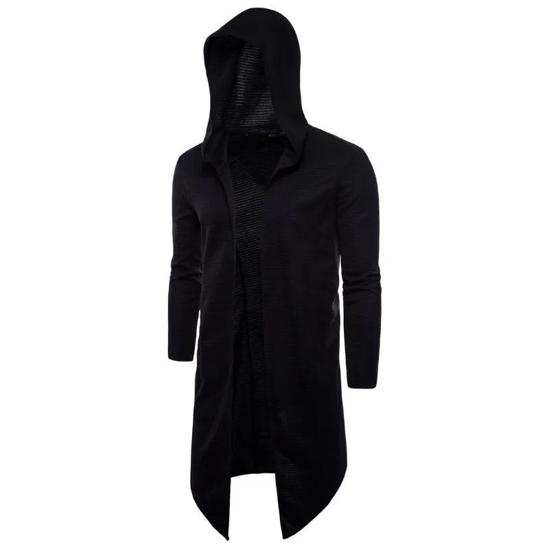 New European Size Men's Mid Length Hooded Cape Jacket for Foreign Trade Spring and Autumn, Buttonless Hooded Trench Coat