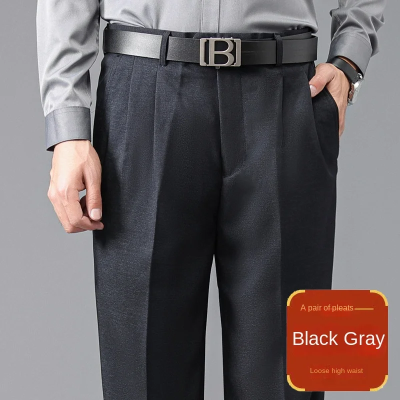 Double Pleated Mens British Pants High Waist Thicken Straight Business Black Formal Clothes For Mens Dress Trousers size 42 44 - Image 2