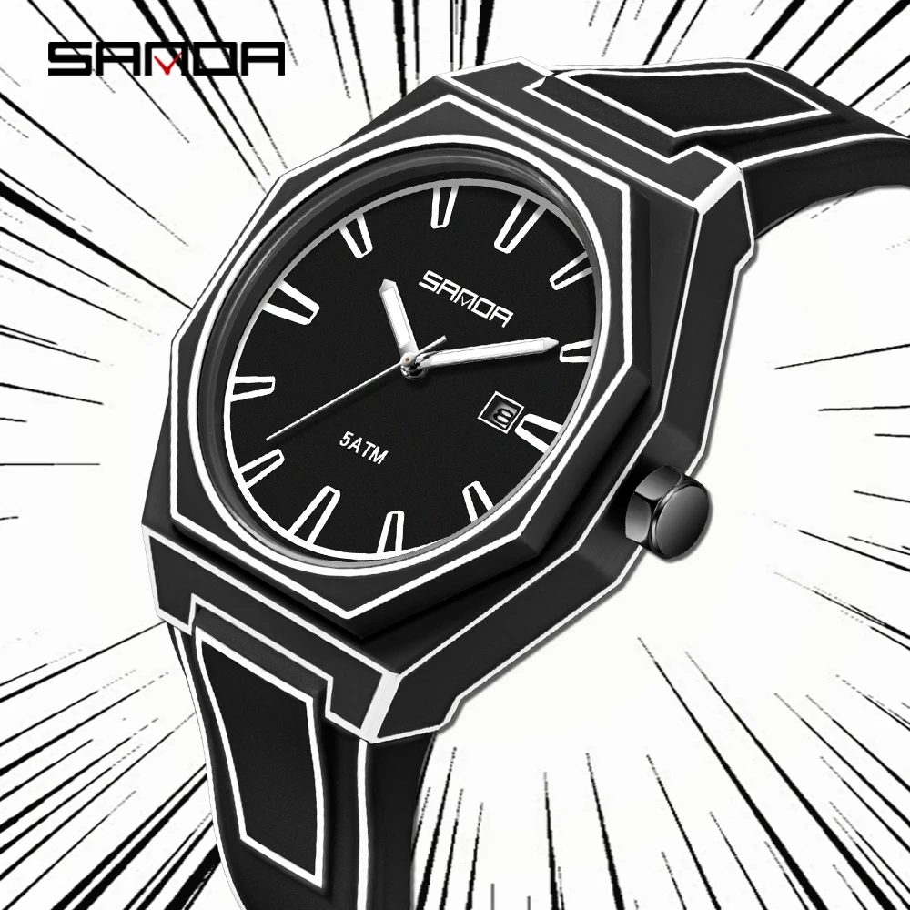 ساعة كوارتز كاجوال للطلاب من SANDA 9090 مع مقياس أظافر مخطط وتقويم مقاوم للماء وخطوط مضيئة ساعة كوارتز للطلاب #2