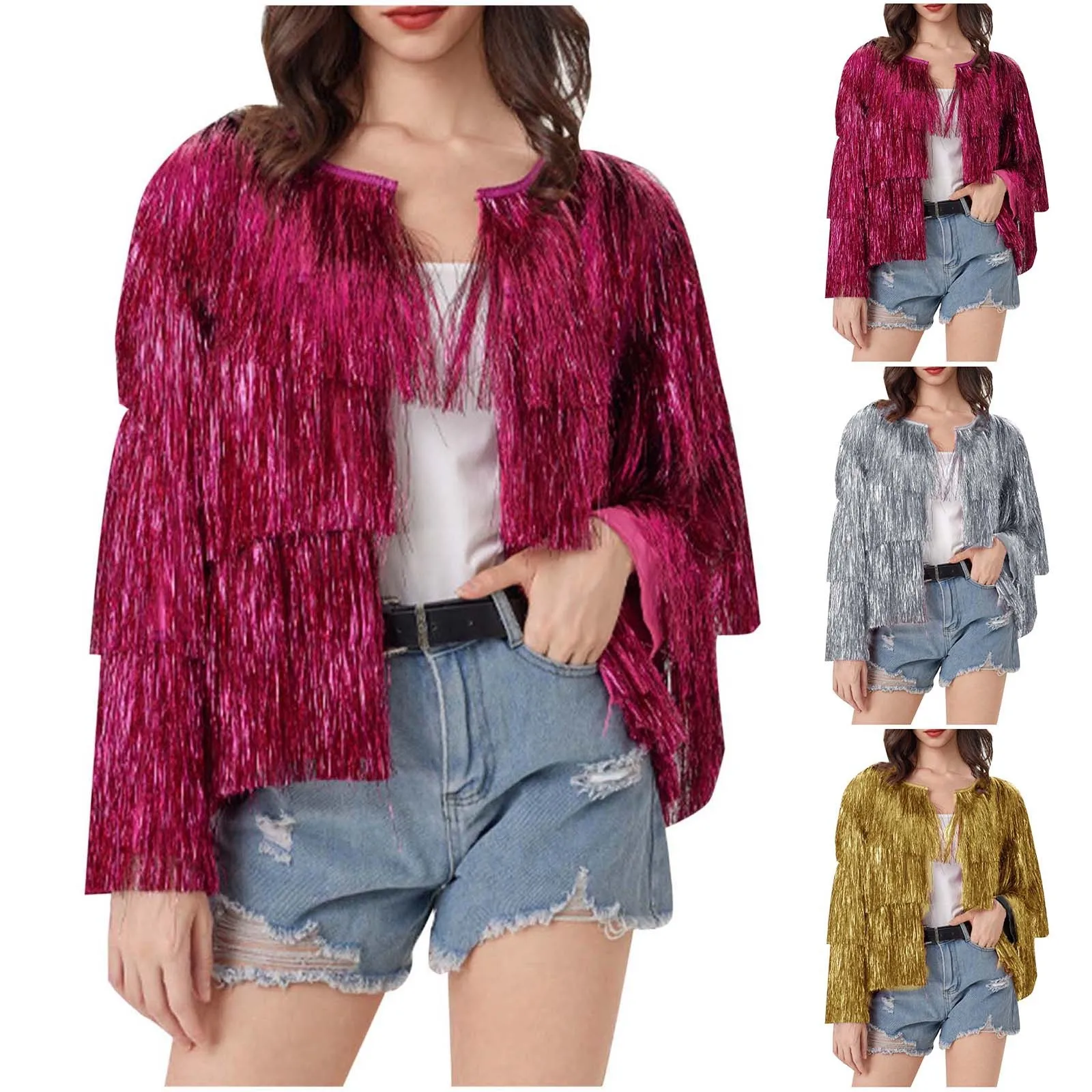 Giacca da donna Tinsel Cappotto con frange con paillettes vestibilità ampia Carnevale Donna Hip Hop Cappotto da club aperto sul davanti Capispalla da donna per feste