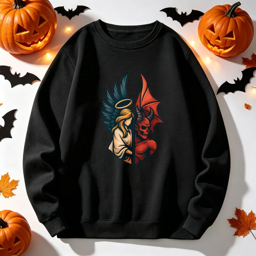 Angel and Devil Half Face Split Graphic Print Pullover Long Sleeve Casual Tops Gothic Good Evil Streetwear Loose Fit Sweatshirts