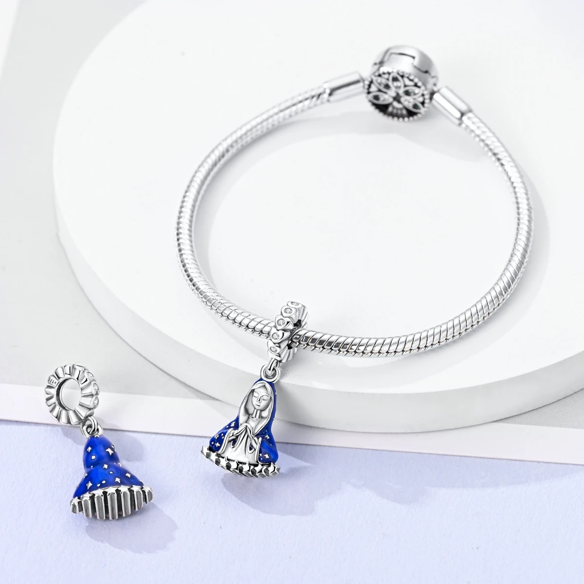 925 Sterling Silver Virgin Mary Deep Blue Golden Goddess Beautiful Blessing Charms Beads 3mm DIY Fine Jewelry Making
