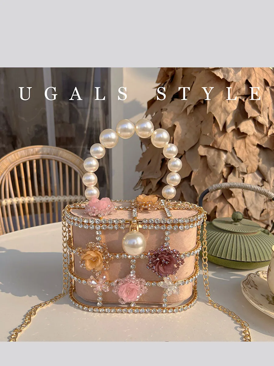 UGALS Metallic Tea Flower Shiny Diamond Bucket Handbag Crossbody Bag Sparkling Party Water Bucket Bag Youth Fashion Accessory
