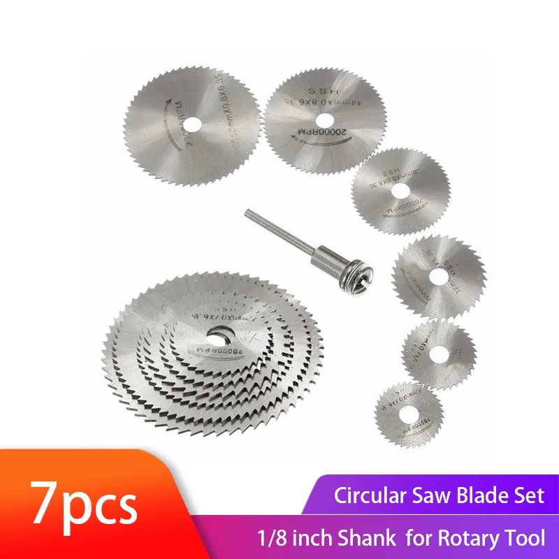 7pcs Mini Circular Saw Blade Set High Speed Steel Cutting Disc with 1/8" Shank Dremel Rotary Tool Cutting Wheel