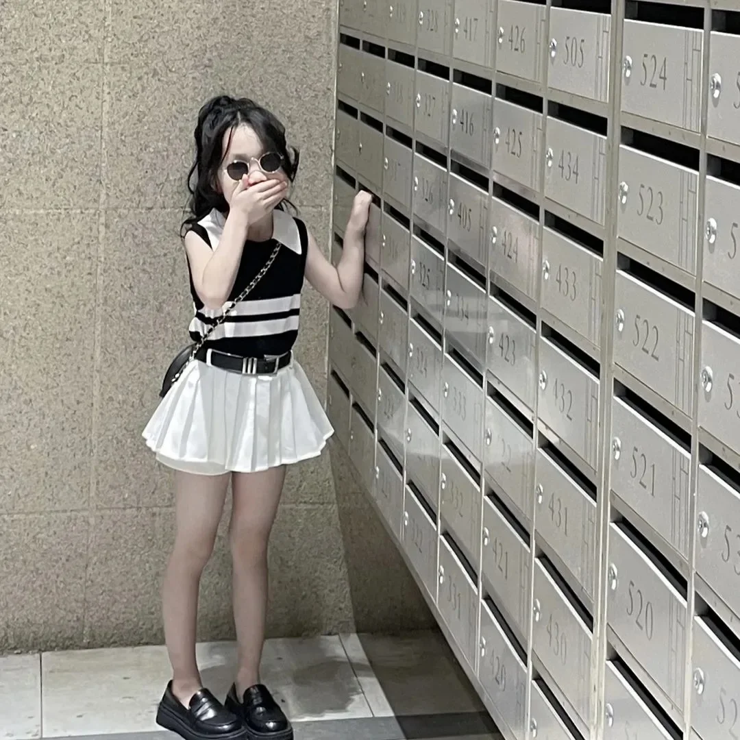 

2024 new summer Girls Children set striped Knitted t-Shirt + Pleated Skirts Safety pants Kids Clothes teens with belt 7 12 year