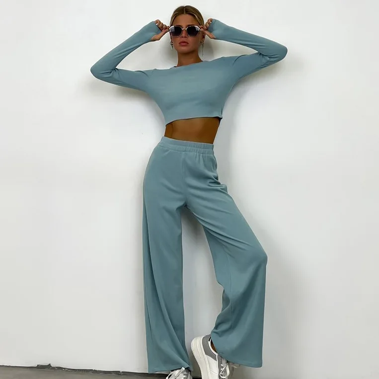 Two Piece Sets Women Solid Round Neck Full Sleeve Tops Casual Spliced High Waist Wide Leg Pants Elegant Lady Autumn Winter