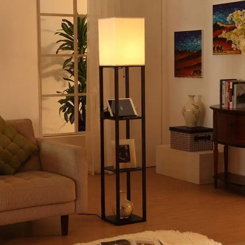 Modern Minimalist Wooden Floor Lamps with Storage Shelves Creative Standing Lights Bedroom Living Room Housewarming Study Dining