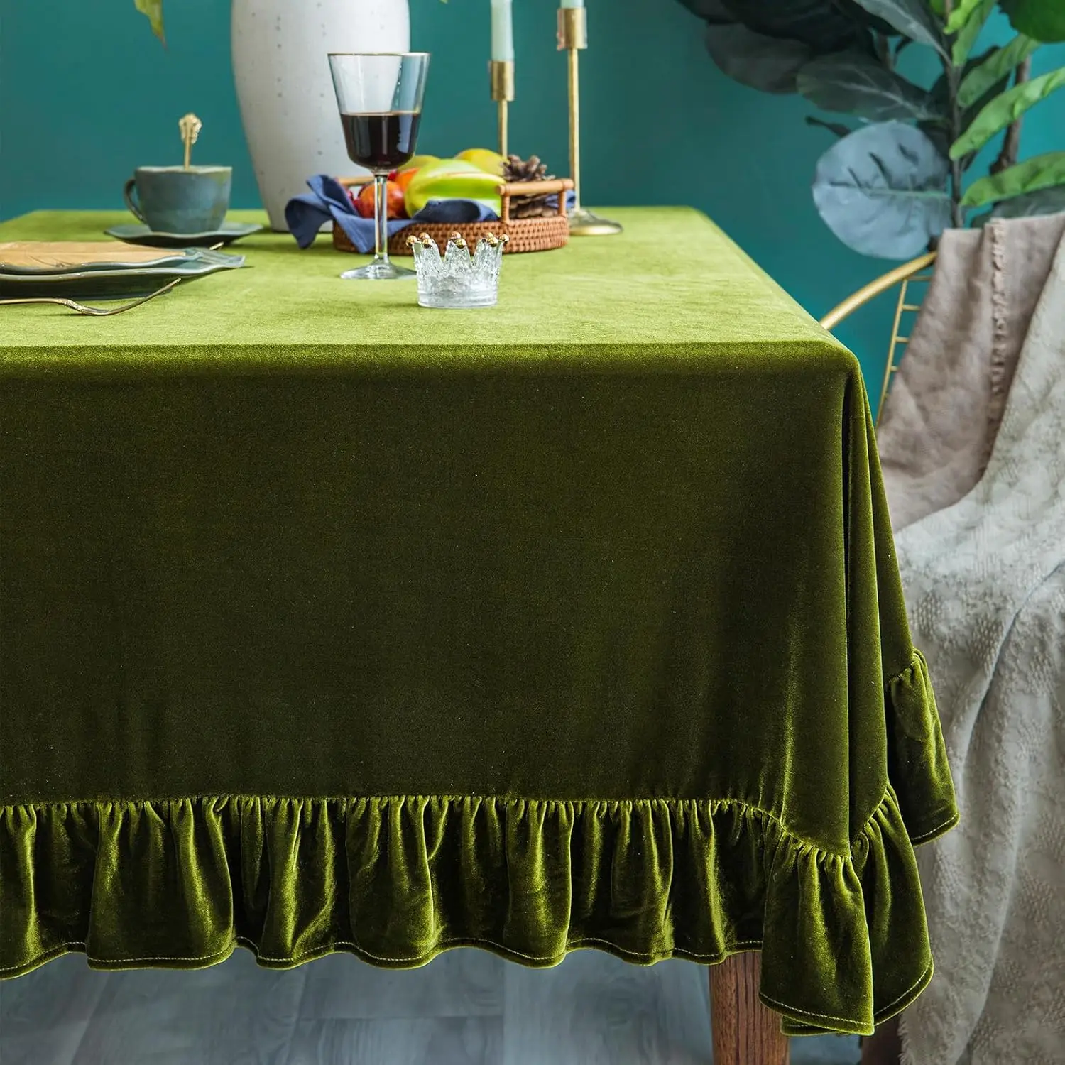 

Velvet Tablecloth Luxurious Solid Rectangle Table Cloth,Oblong Retro Farmhouse Ruffle Tablecloths Washable Table Cover f