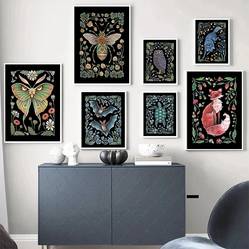 Honey Bee Luna Moth Owl Octopus Fox Bat Raven Posters Prints Watercolor Animal Flowers Canvas Painting Home Decor Wall Picture