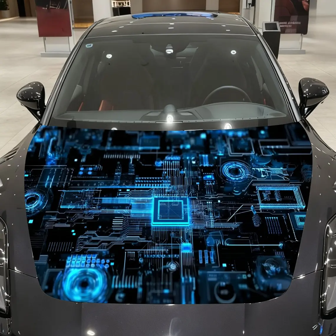 Cyber Blue Flame Circuit Era Car Vinyl Wrap, PVC Material Waterproof Car Hood Sticker, Self-Adhesive Scratch-Resistant Stickers